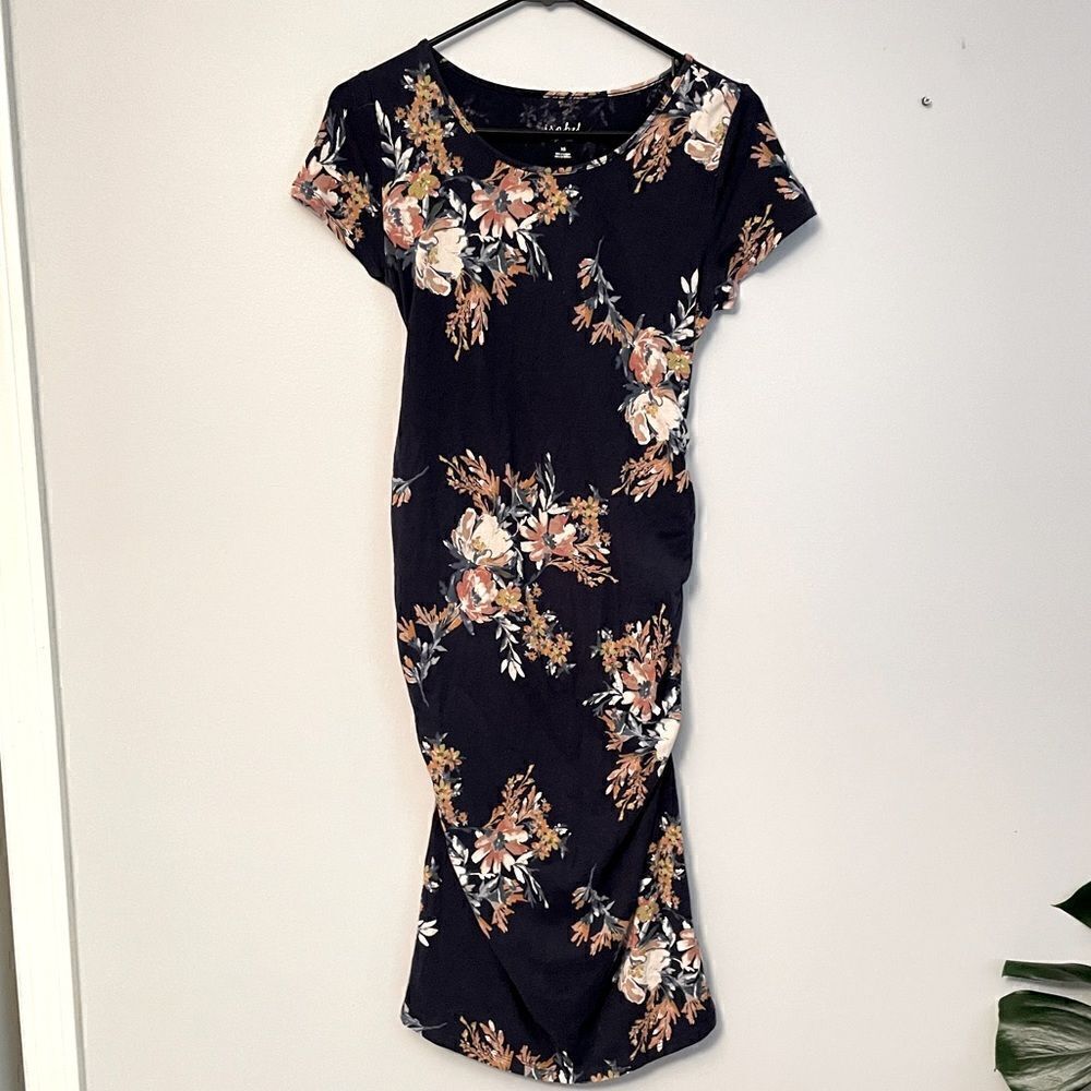 Navy Floral Short Sleeve T-Shirt Ruched Side Midi Maternity Dress - XS - Picture 1 of 8